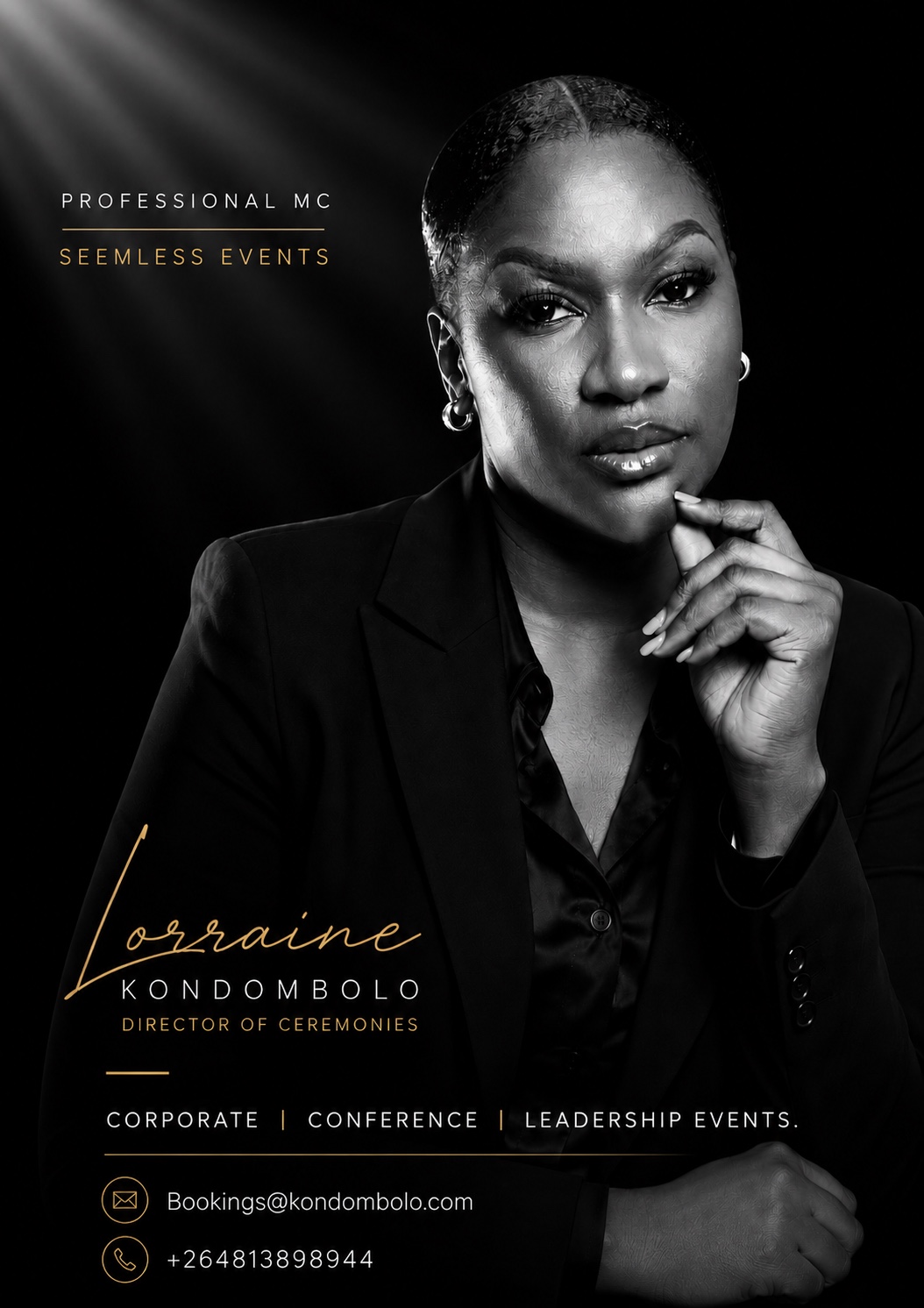 Lorraine Kondombolo, Professional MC and Director of Ceremonies, with booking details